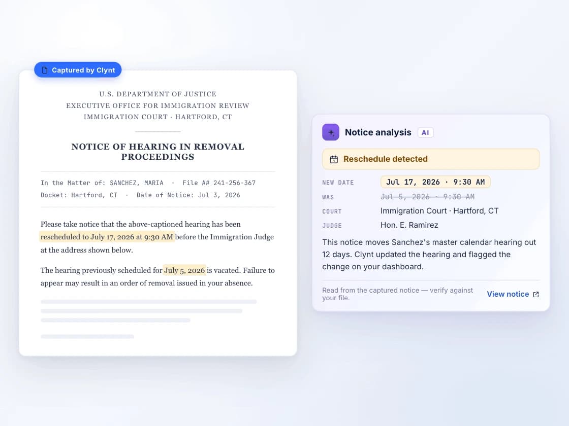 A captured court notice beside an AI panel that detected a reschedule and extracted the key dates
