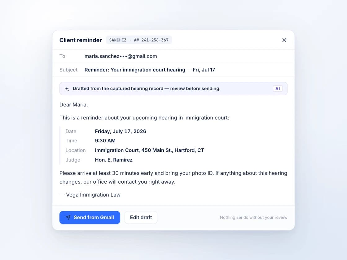 Reminder editor with an AI-drafted client email, hearing details filled in, ready to review and send