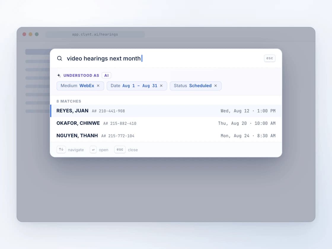 Search overlay turning the phrase 'video hearings next month' into filter chips and matching hearings