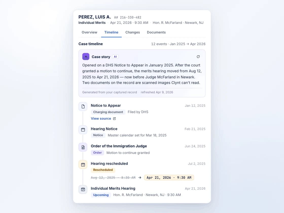 Hearing drawer Timeline tab: an AI case story above a chronological spine of captured court events